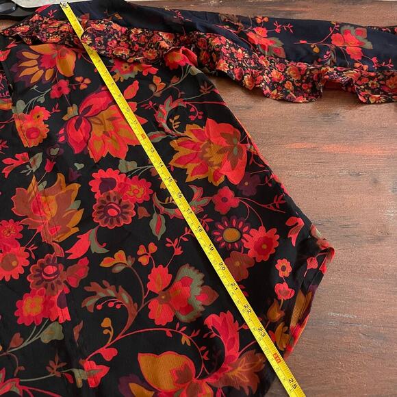 LOFT Women's Ruffle Black Orange Floral Gypsy Bohemian Y2K Style Top Size Small - Picture 10 of 10